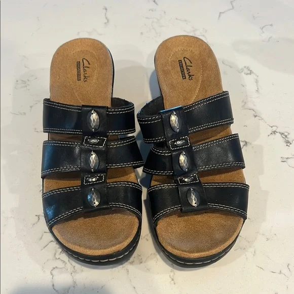 Clarks Black Leather Slide Sandals - Picture 1 of 9